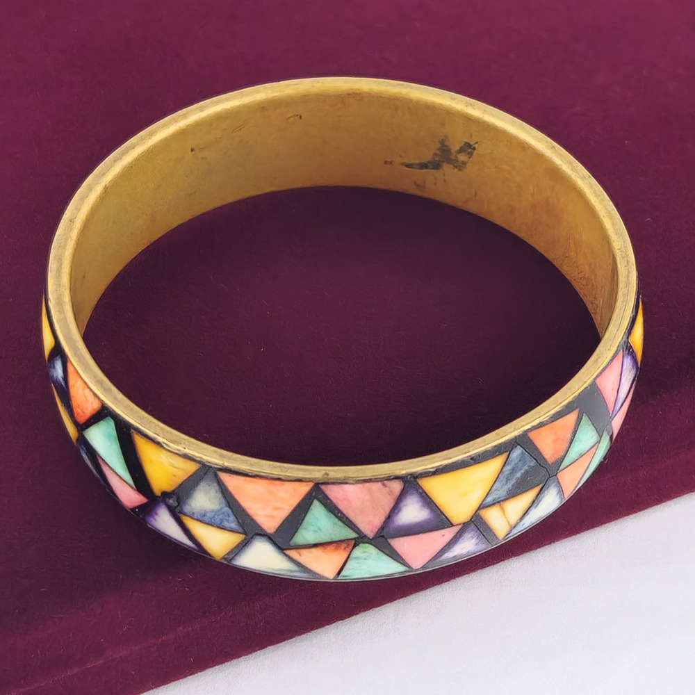 Vintage Geometric Mosaic Inlay Brass Tone Bangle Bracelet Multicolor